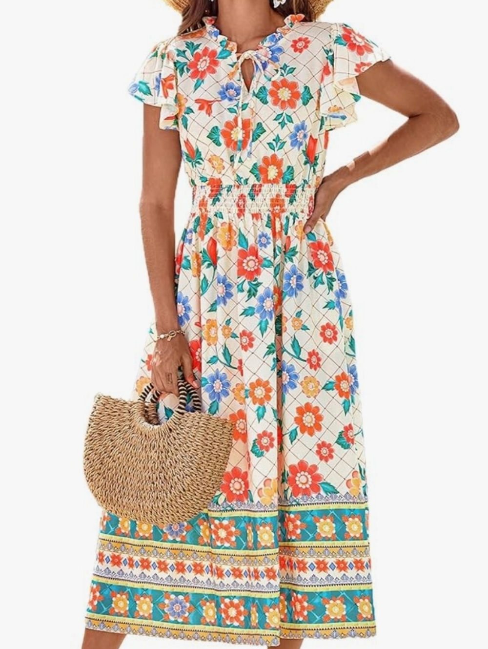 Grace Karin Floral V Neck Short Flutter Sleeve Maxi Dress. NWT